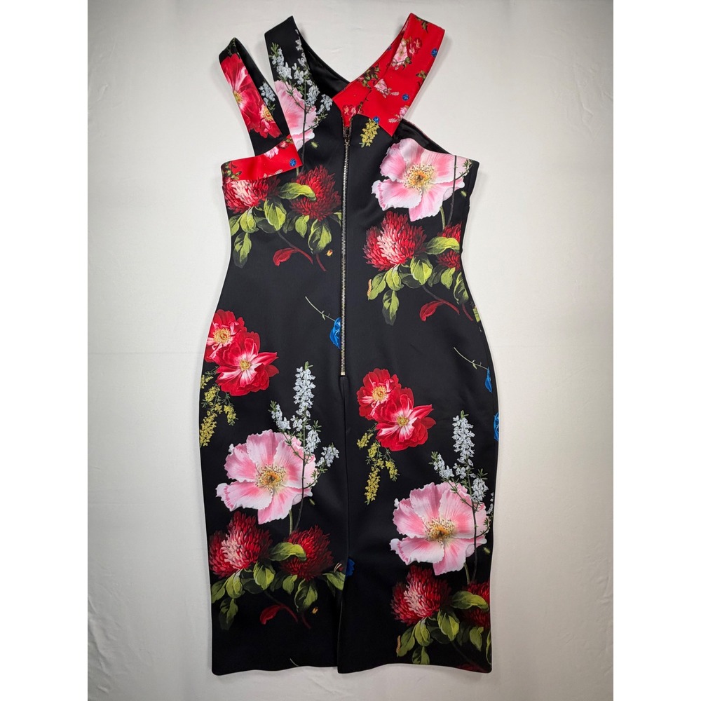 Ted Baker Polayo Floral Bodycon Dress Womens Size 3 Red Asymmetric Cutout 0392 - Picture 2 of 10